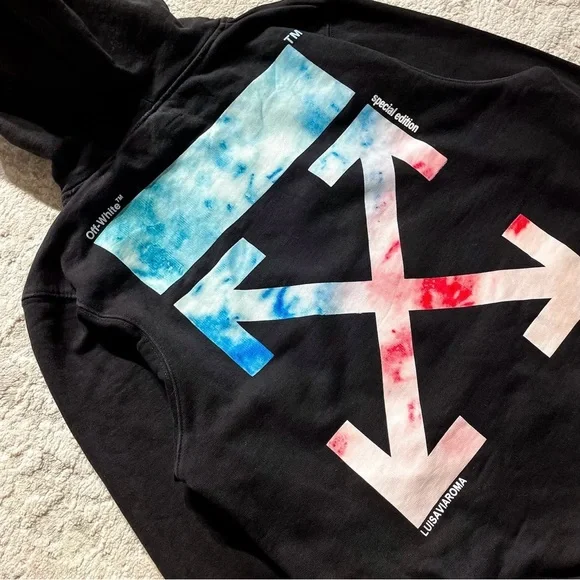 Off-White Black Hoodie with Blue and Red Accents